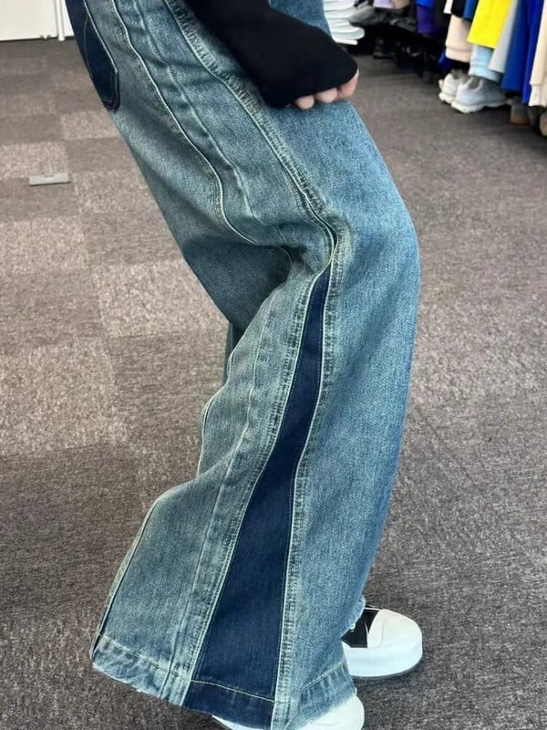 HOUZHOU Harajuku Patchwork női farmer táskás magas derekú farmer nadrág széles szárú vintage kék Y2k Gyaru utcai viselet koreai divat