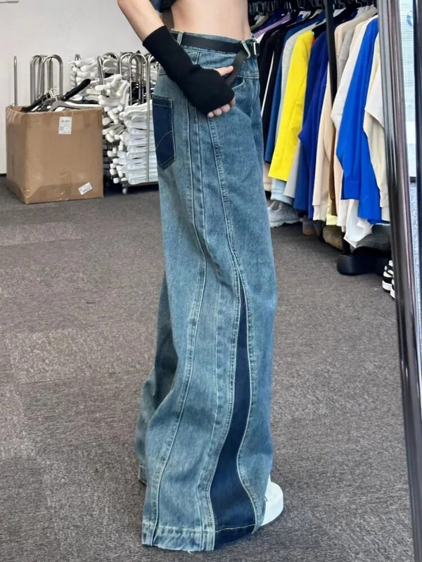 HOUZHOU Harajuku Patchwork női farmer táskás magas derekú farmer nadrág széles szárú vintage kék Y2k Gyaru utcai viselet koreai divat