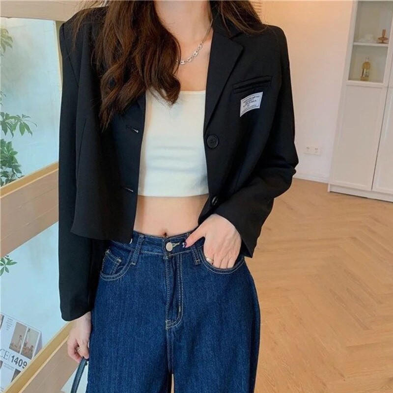 Proljeće ljeto 2023. Tanki kratki sako Ženske korejske skraćene jakne dugih rukava Jednobojni kaput od odijela s jednim kopčanjem