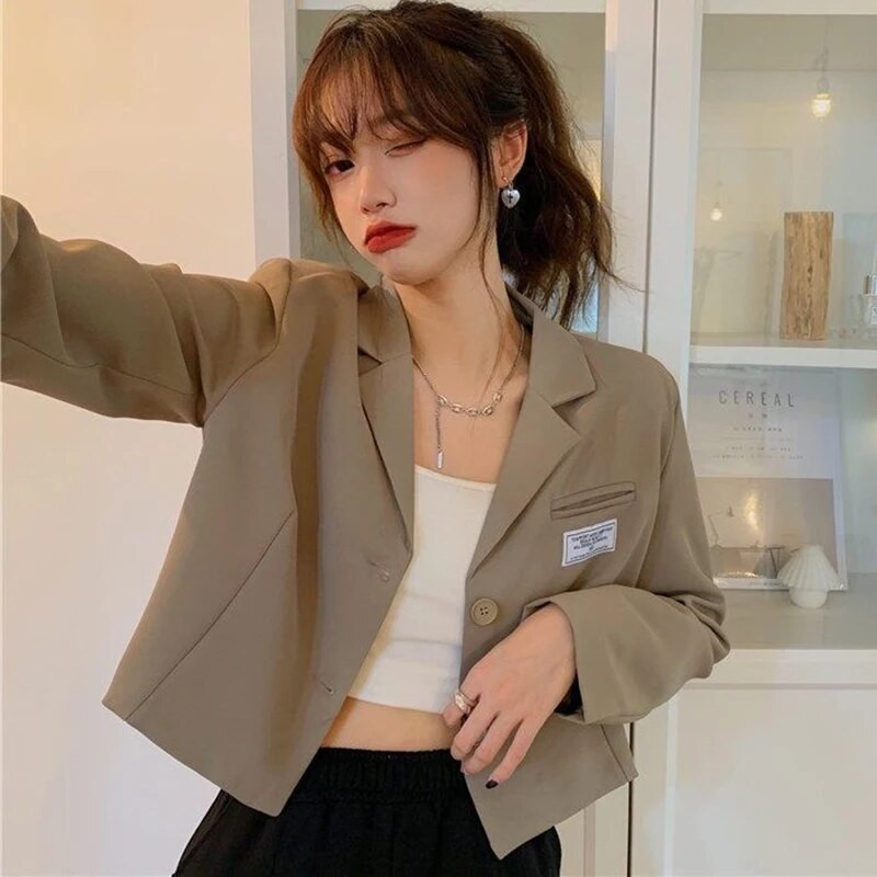 Proljeće ljeto 2023. Tanki kratki sako Ženske korejske skraćene jakne dugih rukava Jednobojni kaput od odijela s jednim kopčanjem