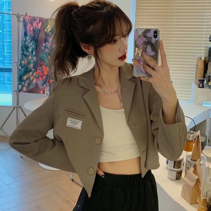Proljeće ljeto 2023. Tanki kratki sako Ženske korejske skraćene jakne dugih rukava Jednobojni kaput od odijela s jednim kopčanjem