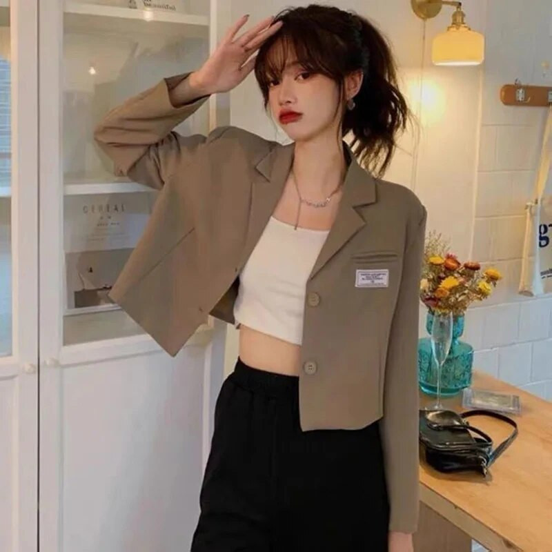 Proljeće ljeto 2023. Tanki kratki sako Ženske korejske skraćene jakne dugih rukava Jednobojni kaput od odijela s jednim kopčanjem