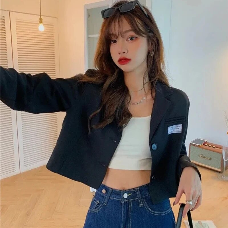 Proljeće ljeto 2023. Tanki kratki sako Ženske korejske skraćene jakne dugih rukava Jednobojni kaput od odijela s jednim kopčanjem