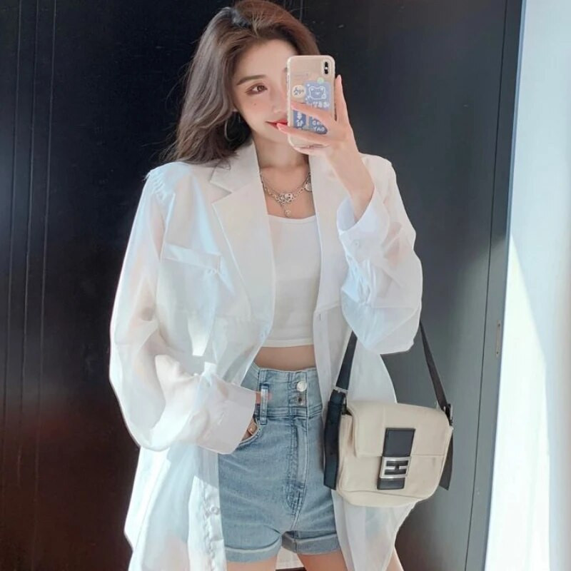 Blazeriai, moteriški, moteriško temperamento, atsparūs saulei, moteriški, ploni, kvėpuojantys, vasaros karšti saldūs Harajuku laisvalaikio, populiarūs korėjietiški