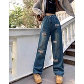 Kék Női Farmer Utcai Ruházat Vintage divat Magas derekú, széles szárú Jean női nadrág betűvel Hip Hop táskás fekete farmer nadrág