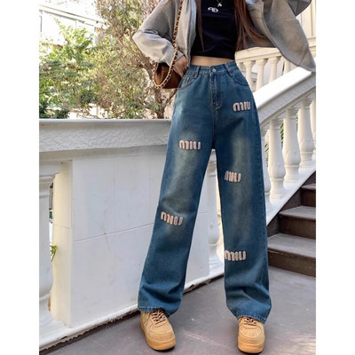Kék Női Farmer Utcai Ruházat Vintage divat Magas derekú, széles szárú Jean női nadrág betűvel Hip Hop táskás fekete farmer nadrág