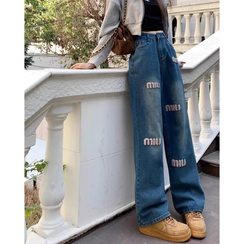 Kék Női Farmer Utcai Ruházat Vintage divat Magas derekú, széles szárú Jean női nadrág betűvel Hip Hop táskás fekete farmer nadrág