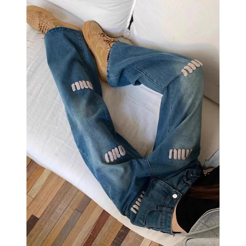 Kék Női Farmer Utcai Ruházat Vintage divat Magas derekú, széles szárú Jean női nadrág betűvel Hip Hop táskás fekete farmer nadrág