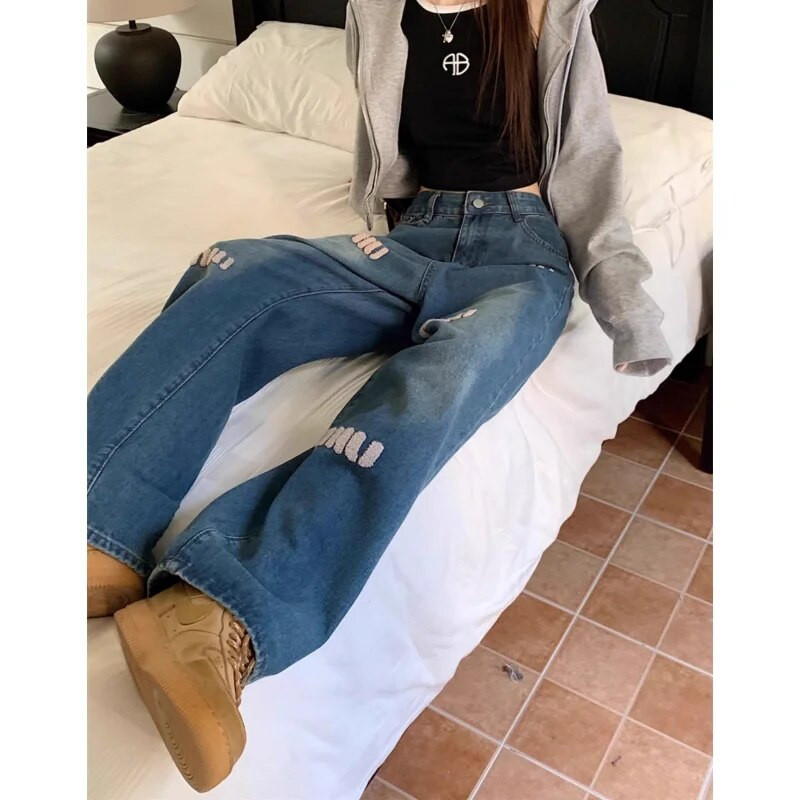 Kék Női Farmer Utcai Ruházat Vintage divat Magas derekú, széles szárú Jean női nadrág betűvel Hip Hop táskás fekete farmer nadrág