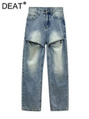 DEAT Ženske traperice srednjeg struka, izdubljene, ravne, pune dužine, ženske plave traper hlače 2024. Proljetni novi stil 29L305