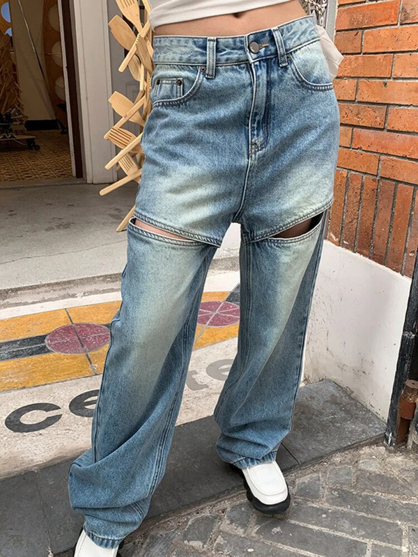 DEAT Ženske traperice srednjeg struka, izdubljene, ravne, pune dužine, ženske plave traper hlače 2024. Proljetni novi stil 29L305