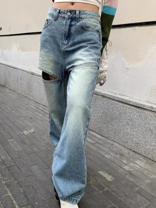 DEAT Ženske traperice srednjeg struka, izdubljene, ravne, pune dužine, ženske plave traper hlače 2024. Proljetni novi stil 29L305