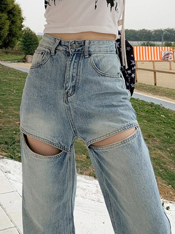 DEAT Ženske traperice srednjeg struka, izdubljene, ravne, pune dužine, ženske plave traper hlače 2024. Proljetni novi stil 29L305