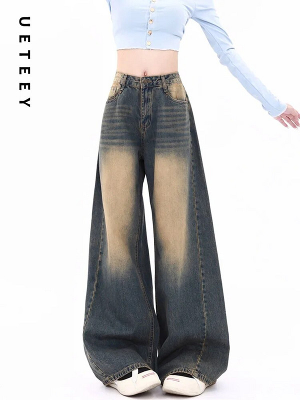 Ψηλόμεσο τζιν UETEEY Φαρδύ παντελόνι με φαρδύ πόδι Streetwear Παντελόνι Y2k Casual Fashion 2023 Vintage Loose Denim Παντελόνι Mom Jeans