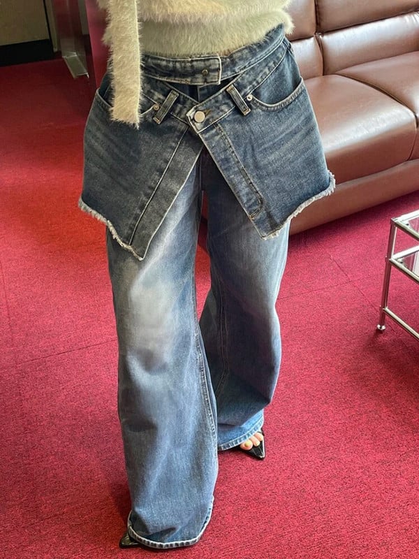 Sinised naiste teksad kõrge vöökohaga teksad 2023. aasta sügis, uued laia säärega teksapüksid Tänavarõivad Vintage Burr Designer pestud püksid