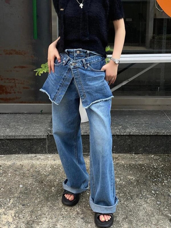 Sinised naiste teksad kõrge vöökohaga teksad 2023. aasta sügis, uued laia säärega teksapüksid Tänavarõivad Vintage Burr Designer pestud püksid