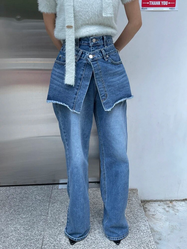 Sinised naiste teksad kõrge vöökohaga teksad 2023. aasta sügis, uued laia säärega teksapüksid Tänavarõivad Vintage Burr Designer pestud püksid