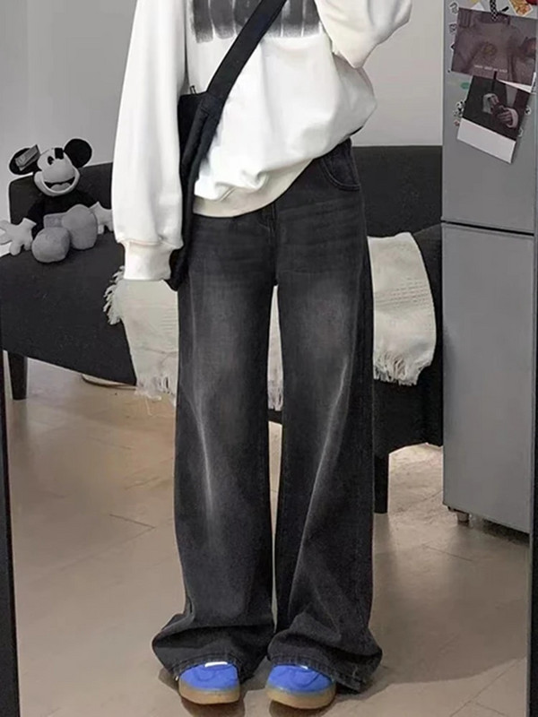 Baggy farmer női magas derekú farmer divatgombos teljes hosszúságú, széles szárú farmernadrág 2023. őszi mosott vintage egyenes nadrág