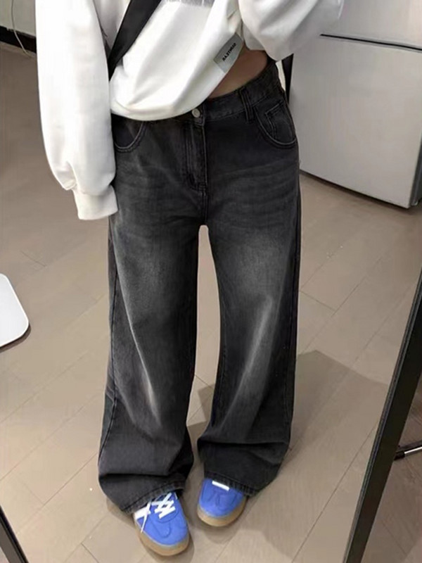 Baggy farmer női magas derekú farmer divatgombos teljes hosszúságú, széles szárú farmernadrág 2023. őszi mosott vintage egyenes nadrág