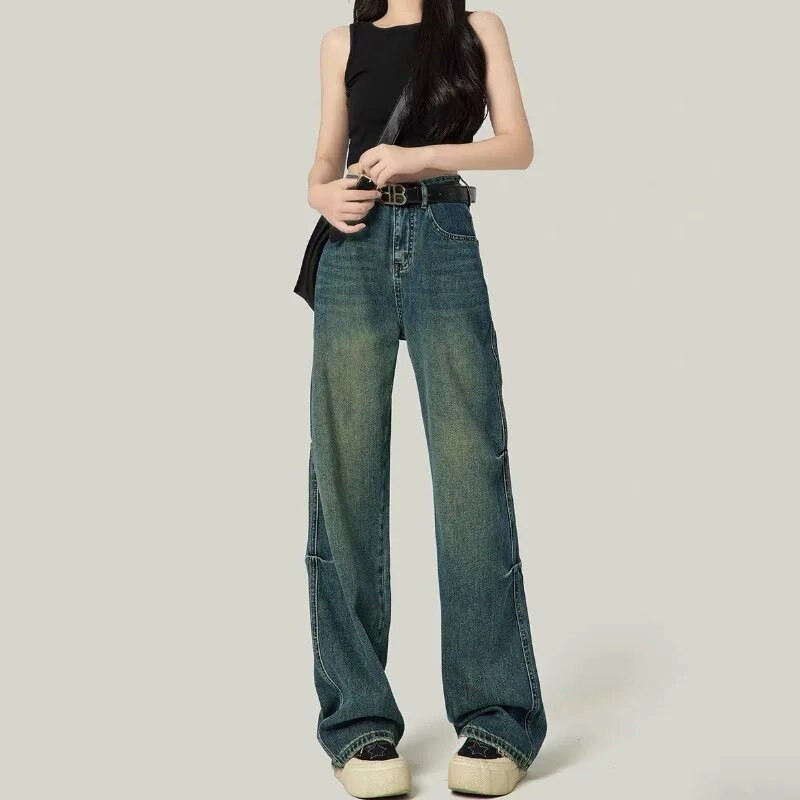 American Vintage traperice Ženske proljeće i jesen Nove široke široke nogavice s visokim strukom, uske, ravne ženske hlače za brisanje