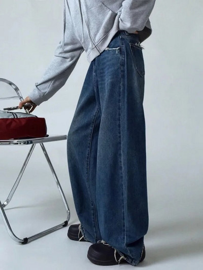 HOUZHOU Y2k Vintage plave traperice Ženske široke široke traper hlače Grunge Streetwear Široke poderane traperice Korejske retro isprane
