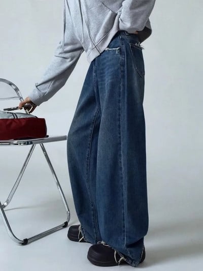 HOUZHOU Y2k Vintage kék farmer női széles szárú túlméretezett farmer nadrág Grunge utcai viselet táskás szakadt farmer koreai retro mosott