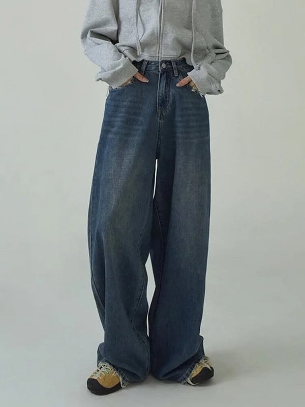 HOUZHOU Y2k Vintage kék farmer női széles szárú túlméretezett farmer nadrág Grunge utcai viselet táskás szakadt farmer koreai retro mosott