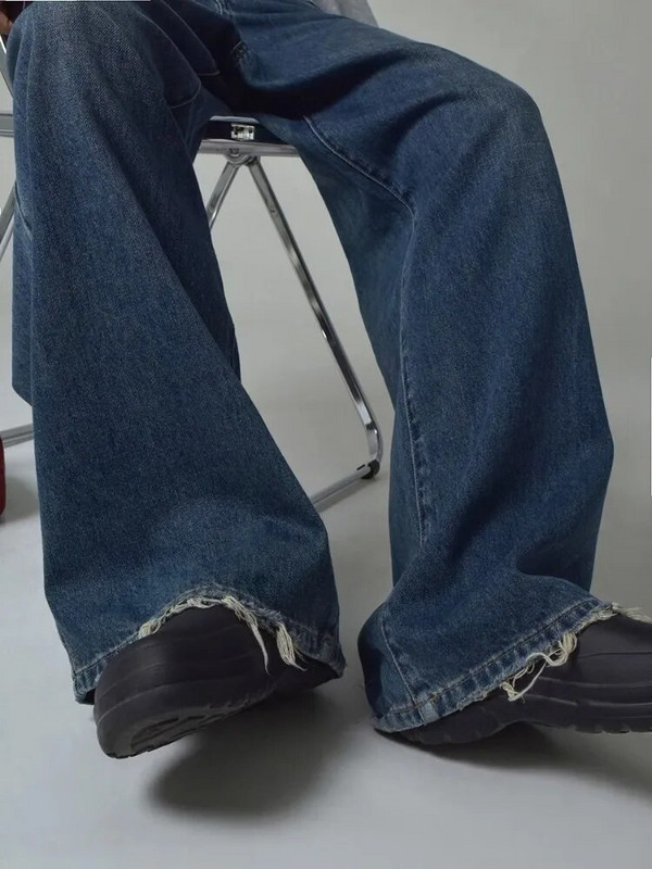 HOUZHOU Y2k Vintage kék farmer női széles szárú túlméretezett farmer nadrág Grunge utcai viselet táskás szakadt farmer koreai retro mosott