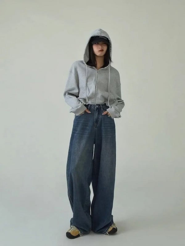 HOUZHOU Y2k Vintage kék farmer női széles szárú túlméretezett farmer nadrág Grunge utcai viselet táskás szakadt farmer koreai retro mosott