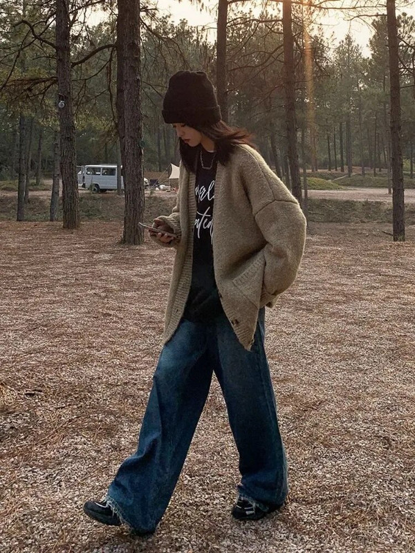 HOUZHOU Y2k Vintage kék farmer női széles szárú túlméretezett farmer nadrág Grunge utcai viselet táskás szakadt farmer koreai retro mosott