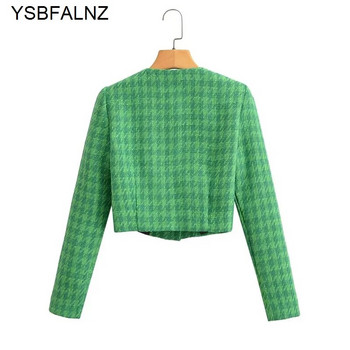Άνοιξη 2023 Γυναικεία μπουφάν τουίντ Traf Μεταλλικά κουμπιά Εφαρμοσμένα Houndstooth Blazers Γυναικεία κομψά μπλουζάκια Cropped Πράσινα