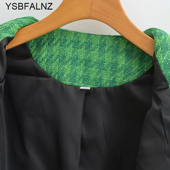 Άνοιξη 2023 Γυναικεία μπουφάν τουίντ Traf Μεταλλικά κουμπιά Εφαρμοσμένα Houndstooth Blazers Γυναικεία κομψά μπλουζάκια Cropped Πράσινα