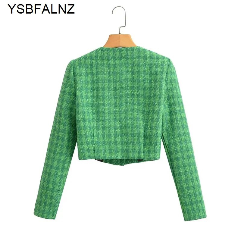 2023. aasta kevade naiste tviidjakk, traf metallist nööbid, haagisehammastega bleiserid, naiste stiilsed topid, kärbitud mantlid, rohelised
