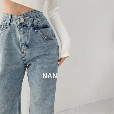 Design sense talie încrucișată blugi drepti damă primăvară vară talie înaltă blugi drop floor pantaloni pantaloni