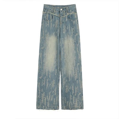 DEAT Ženske traperice visokog struka Poderane Grasp The Grain Distressed Straight široke traper hlače 2024. Nova moda za proljeće 29L6778