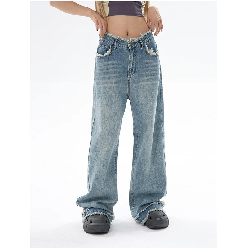 Κορεατική μόδα Γυναικείο φαρδύ τζιν παντελόνι φαρδύ Y2K τζιν παντελόνι vintage ψηλόμεσο μπλε ίσιο τζιν παντελόνι