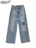 DEAT női farmer magas derekú Hot Fix strassz törött lyukak laza egyenes, széles szárú farmer nadrág 2024 tavaszi új divat 29L6945