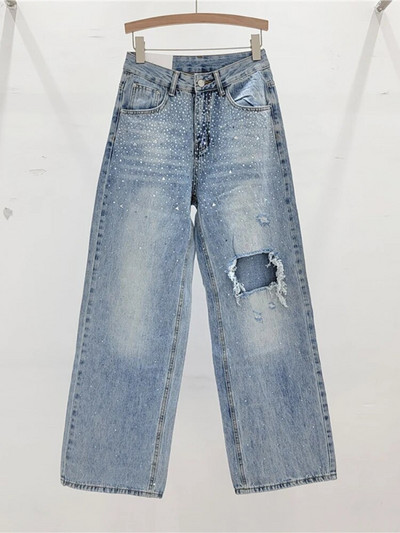 DEAT női farmer magas derekú Hot Fix strassz törött lyukak laza egyenes, széles szárú farmer nadrág 2024 tavaszi új divat 29L6945