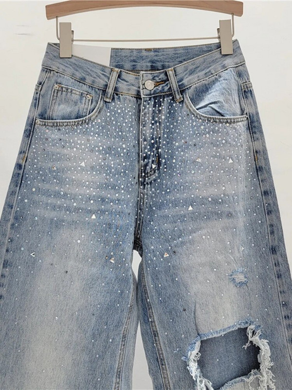 DEAT női farmer magas derekú Hot Fix strassz törött lyukak laza egyenes, széles szárú farmer nadrág 2024 tavaszi új divat 29L6945