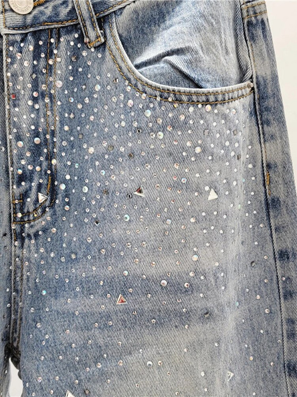 DEAT női farmer magas derekú Hot Fix strassz törött lyukak laza egyenes, széles szárú farmer nadrág 2024 tavaszi új divat 29L6945