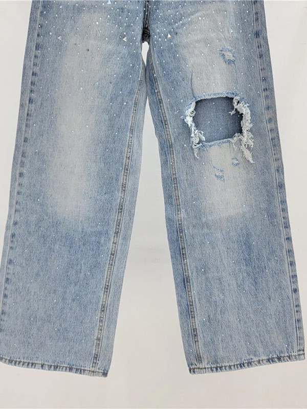 DEAT női farmer magas derekú Hot Fix strassz törött lyukak laza egyenes, széles szárú farmer nadrág 2024 tavaszi új divat 29L6945