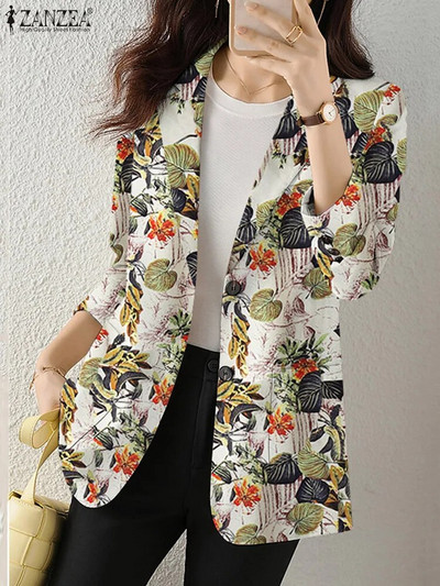 Sacou OL de toamnă pentru femei 2023 ZANZEA Jachete elegante cu imprimeuri florale, cu rever, cu mânecă lungă, haine subțiri, costume de vară, îmbrăcăminte de birou