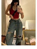Kpop Grunge szakadt táskás farmernadrág Női Harajuku utcai viselet Kopott vájt magas derekú farmer nadrág női vintage koreai