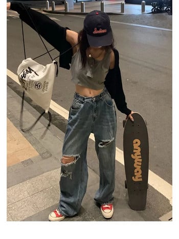 Kpop Grunge σχισμένο φαρδύ τζιν Γυναικείο Harajuku Streetwear Ξεφτισμένο ψηλόμεσο τζιν παντελόνι Γυναικείο Vintage Κορεάτικο