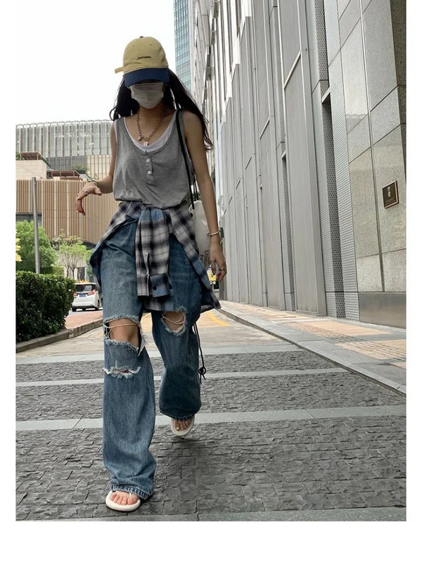 Kpop Grunge szakadt táskás farmernadrág Női Harajuku utcai viselet Kopott vájt magas derekú farmer nadrág női vintage koreai