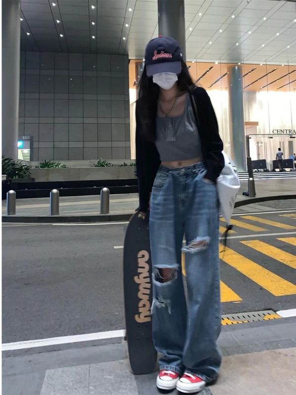 Kpop Grunge szakadt táskás farmernadrág Női Harajuku utcai viselet Kopott vájt magas derekú farmer nadrág női vintage koreai