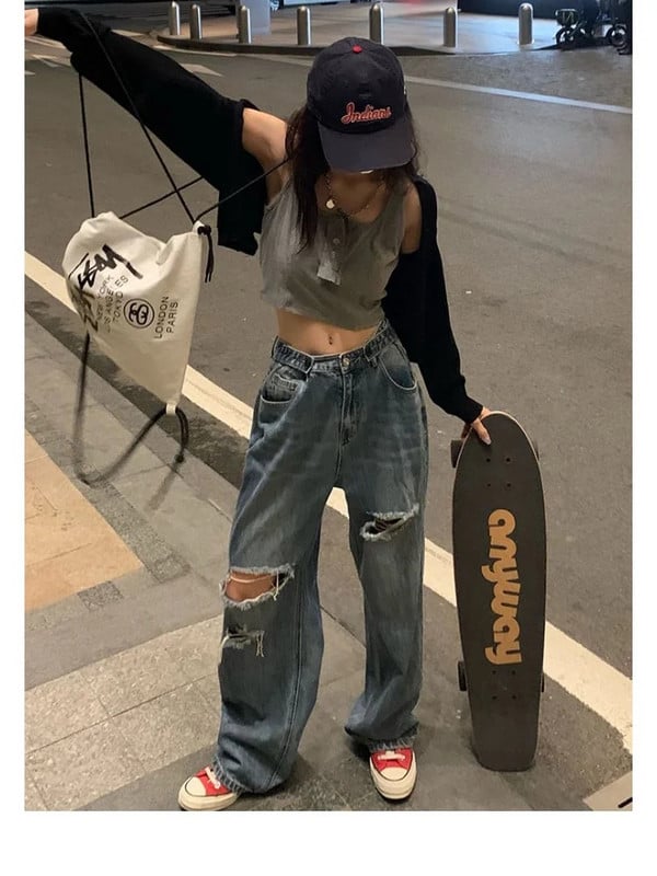 Kpop Grunge szakadt táskás farmernadrág Női Harajuku utcai viselet Kopott vájt magas derekú farmer nadrág női vintage koreai