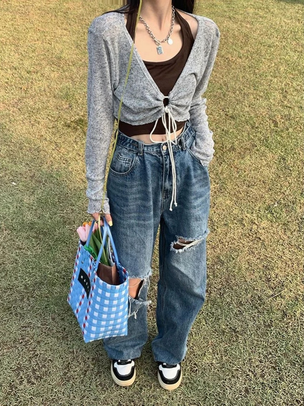 Kpop Grunge szakadt táskás farmernadrág Női Harajuku utcai viselet Kopott vájt magas derekú farmer nadrág női vintage koreai