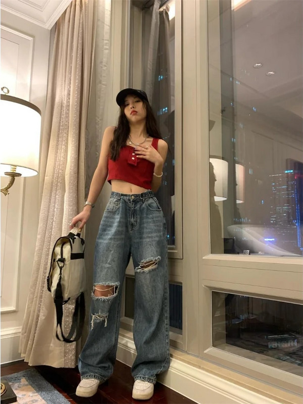 Kpop Grunge szakadt táskás farmernadrág Női Harajuku utcai viselet Kopott vájt magas derekú farmer nadrág női vintage koreai
