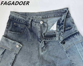 FAGADOER Blue Fashion Hollow Out ίσιο τζιν παντελόνι Γυναικείο παντελόνι με ψηλόμεσο κουμπιά αφαιρούμενο Jean παντελόνι Casual Cowboy Bottoms